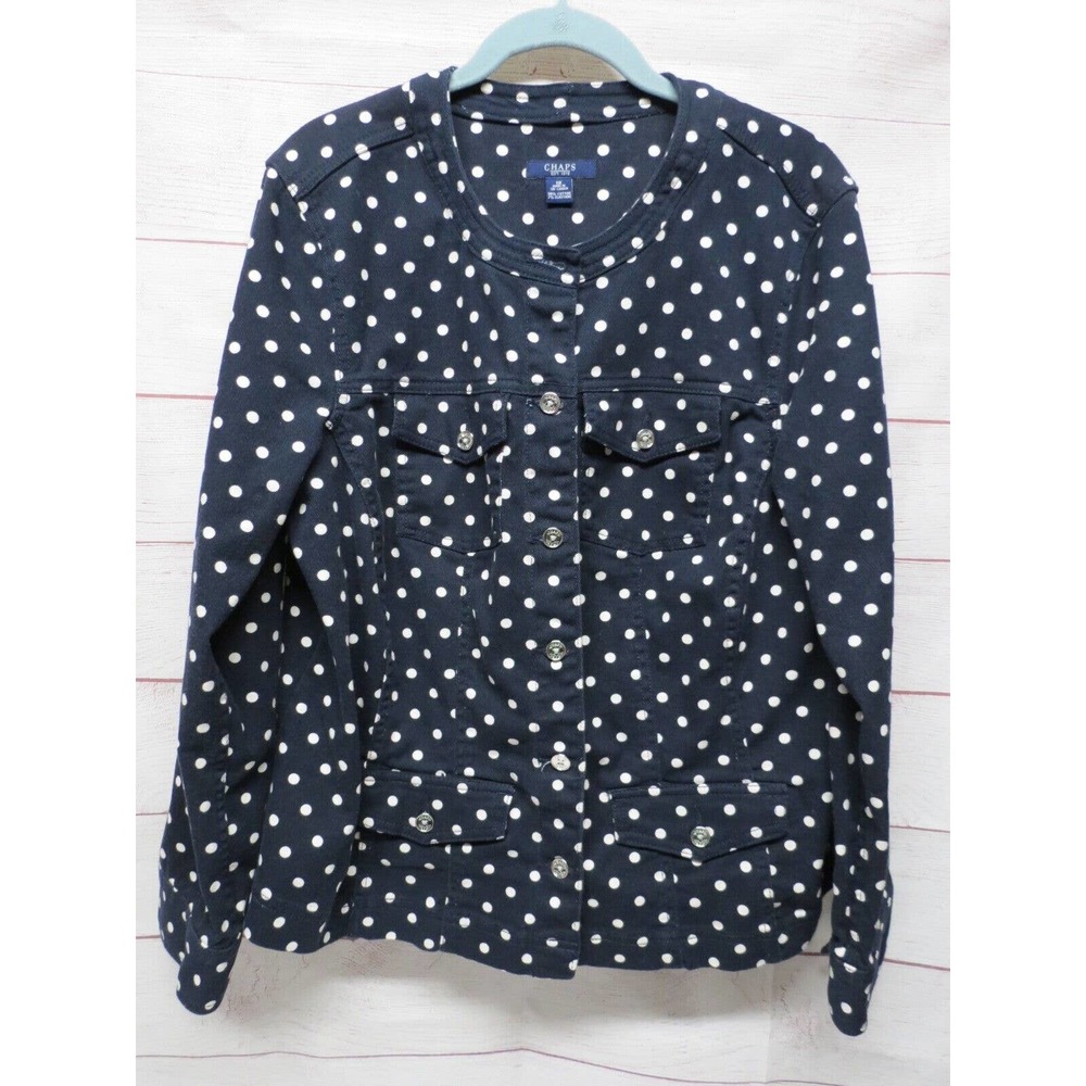 Chaps Plus Size 1X Navy Blue & White Polka Dot Denim Jacket 98% Cotton
